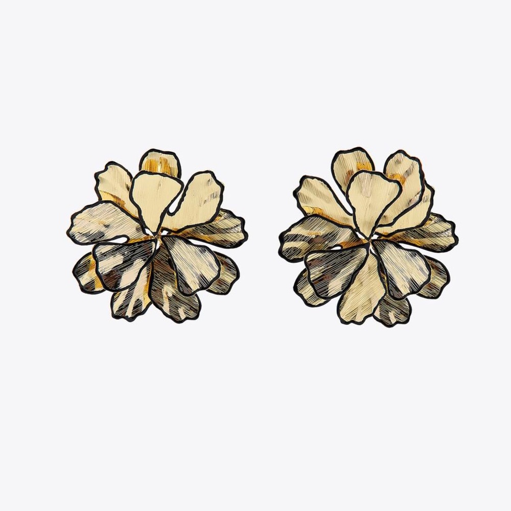 New Zara Bohemian Goldfoil Floral Statement Earrings - Picture 4 of 12